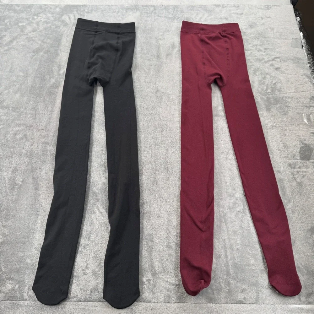Set‎ of 2 Pairs M/L Opaque Footed Tights Black and Burgundy High Waist Hosiery